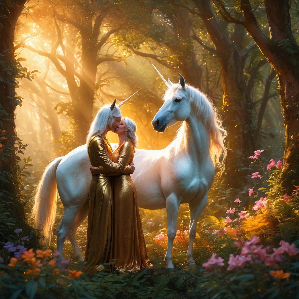 A mature couple entwined in a passionate embrace, surrounded by a mystical forest with ethereal, glowing flora. In the background, mythical creatures like unicorns and fairies peek through the foliage, adding an element of fantasy. The scene should exude warmth and sensuality, with soft, golden light casting ambient shadows. Painting. Soft hues. Dreamlike atmosphere.