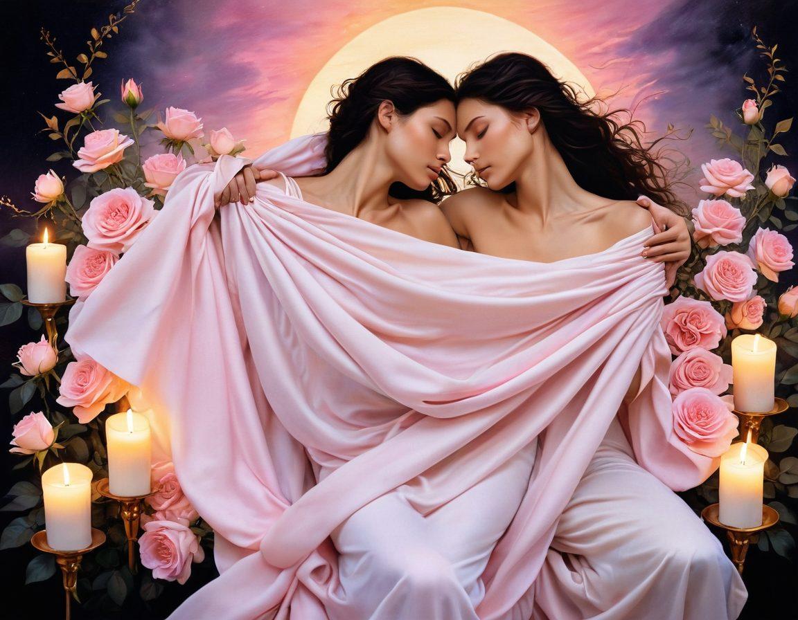 A sensuous and dreamy landscape with intertwining bodies enveloped in silky, flowing fabrics, glowing under a soft, pink and gold sunset. Romantic elements like roses, candles, and moonlight casting shadows add to the enchantment. Emphasize passionate, intimate expressions and tender touches. painting style. vibrant colors. soft focus.
