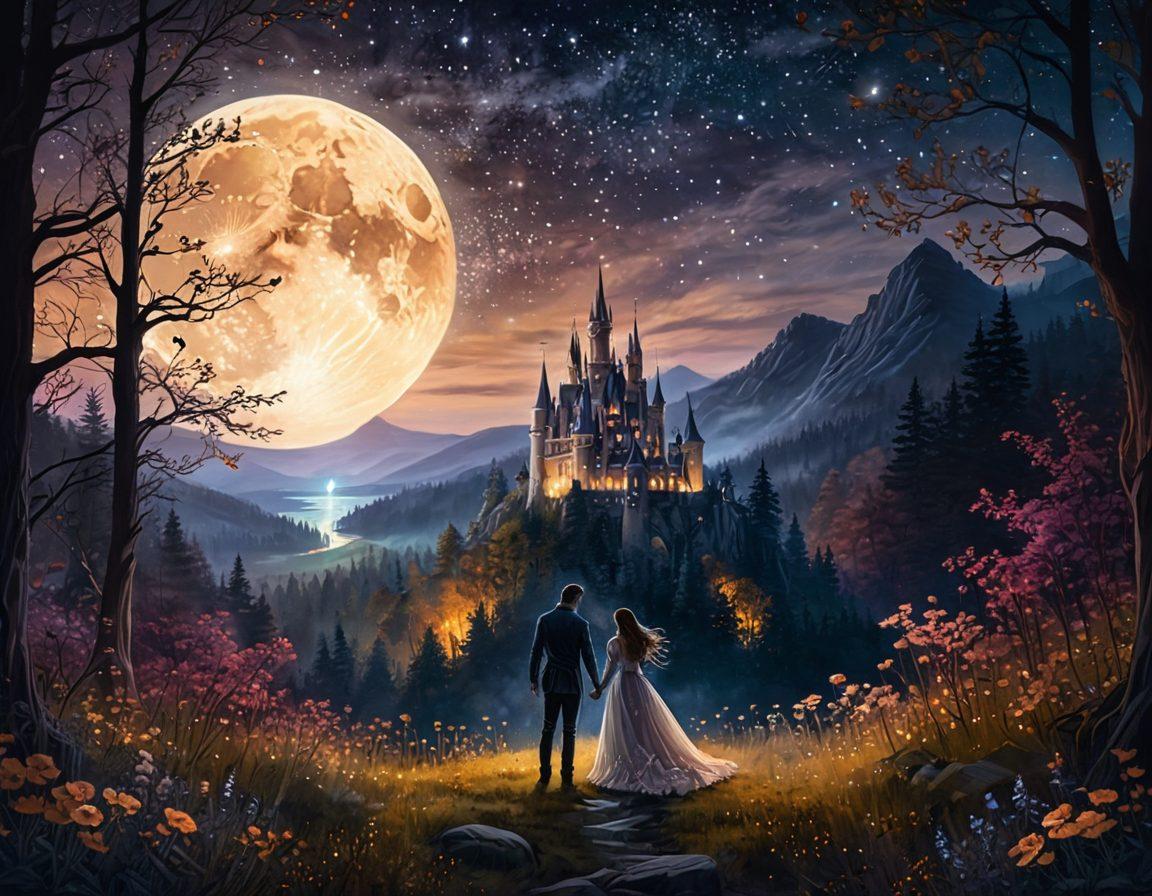 A dreamy, moonlit scene of an enchanting forest clearing filled with soft, glowing flowers. In the center, a couple gently embraces, their faces inches apart, lost in each other's eyes, exuding deep love and romantic tension. The background features a majestic castle atop a distant hill under a twinkling starry sky, signifying fantasy and adventure. ethereal atmosphere. fantasy art. warm tones.